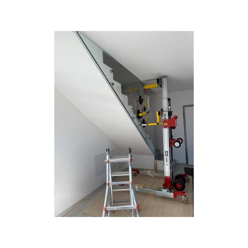 Pose garde corps vitré d'escalier avec élévateur de vitrage EVO3500 TS - PALVAC