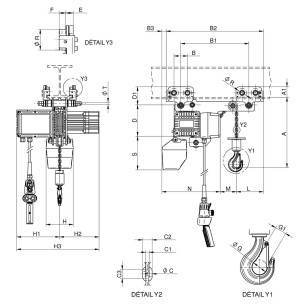 plan palan électrique à hauteur perdue réduite RWM à chariot manuel - 1000 Kg - bi vitesse 1 et 4 m/min